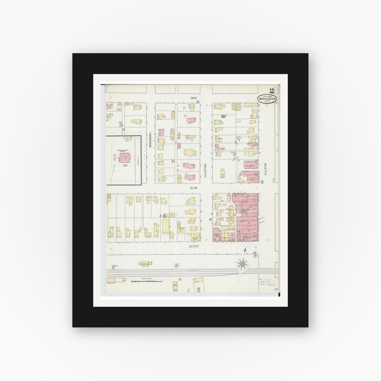 Old map wall art mockup — black gallery frame with white mat — Sanborn Fire Insurance Map from Wauseon, Fulton County, Ohio (1893), Sheet #0002