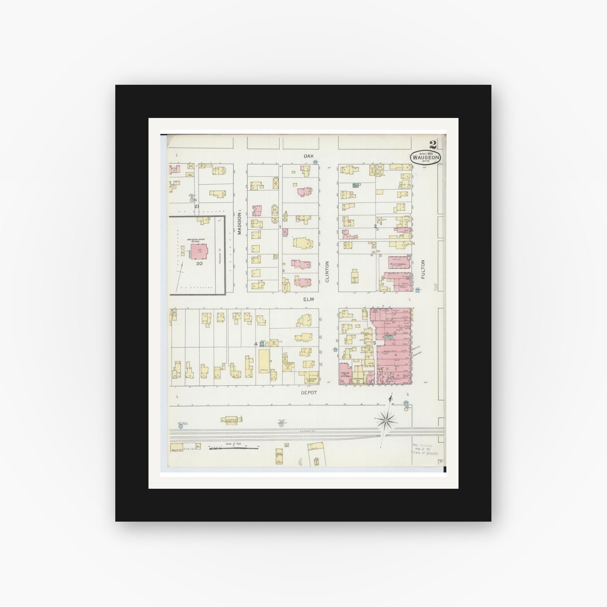 Old map wall art mockup — black gallery frame with white mat — Sanborn Fire Insurance Map from Wauseon, Fulton County, Ohio (1893), Sheet #0002