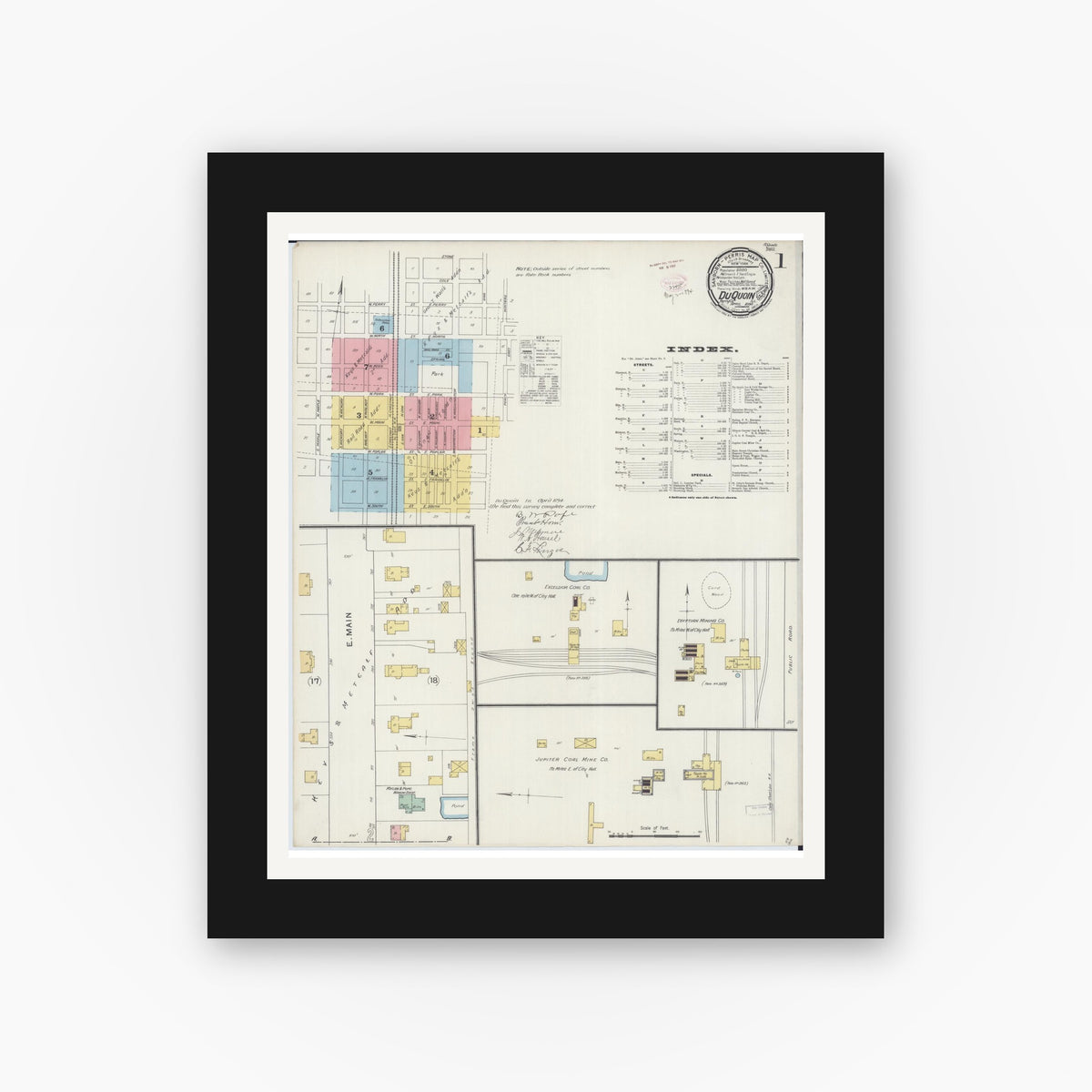 Old map wall art mockup — black gallery frame with white mat — Sanborn Fire Insurance Map from Du Quoin, Perry County, Illinois (1894) - Complete Map Set