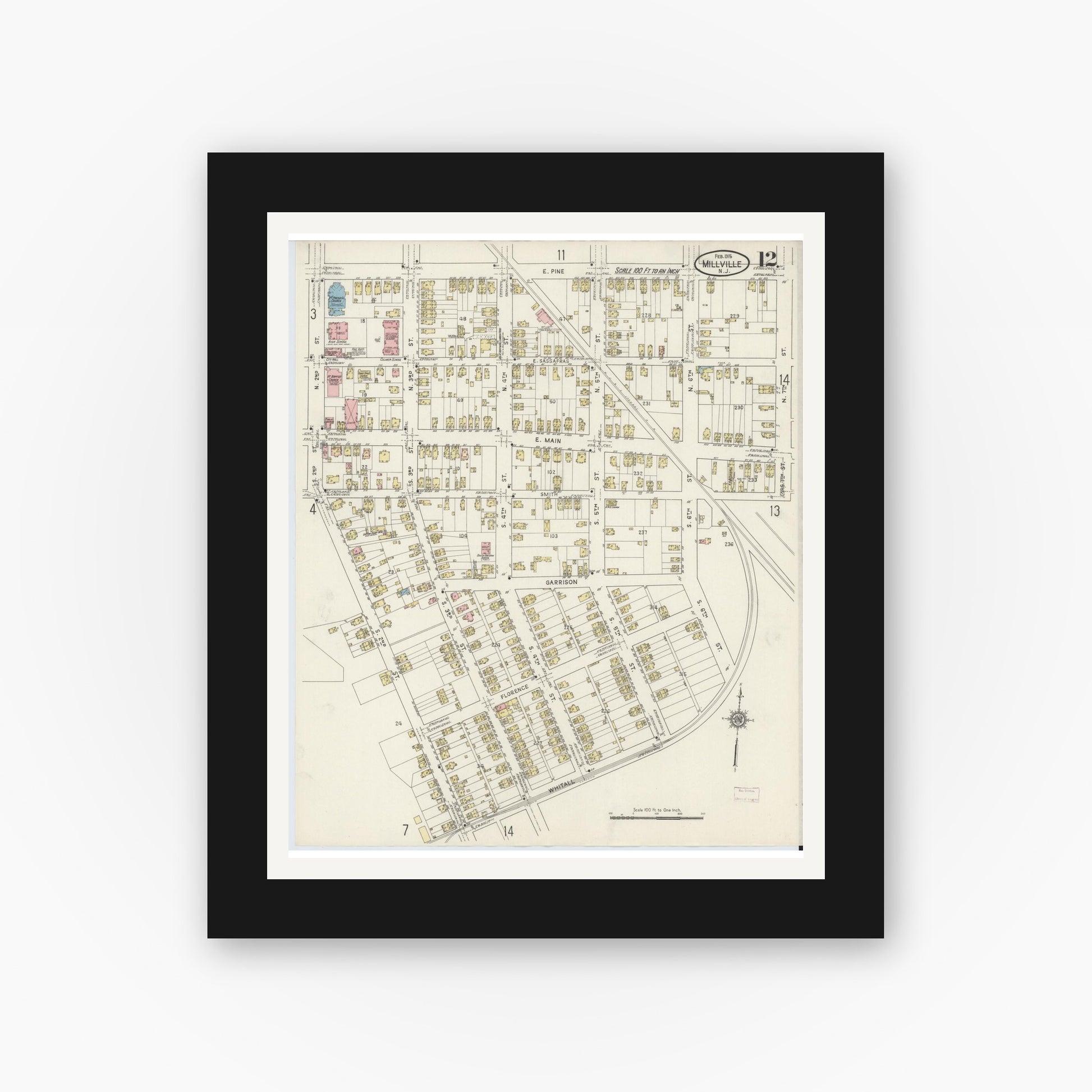 Old map wall art mockup — black gallery frame with white mat — Sanborn Fire Insurance Map from Millville, Cumberland County, New Jersey (1915), Sheet #0012