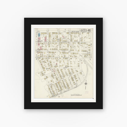 Old map wall art mockup — black gallery frame with white mat — Sanborn Fire Insurance Map from Millville, Cumberland County, New Jersey (1915), Sheet #0012