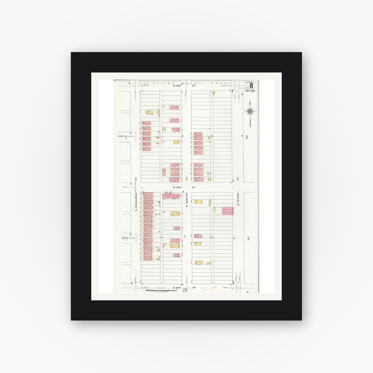 Old map wall art mockup — black gallery frame with white mat — Sanborn Fire Insurance Map from Chicago, Cook County, Illinois (1920), Sheet #0008