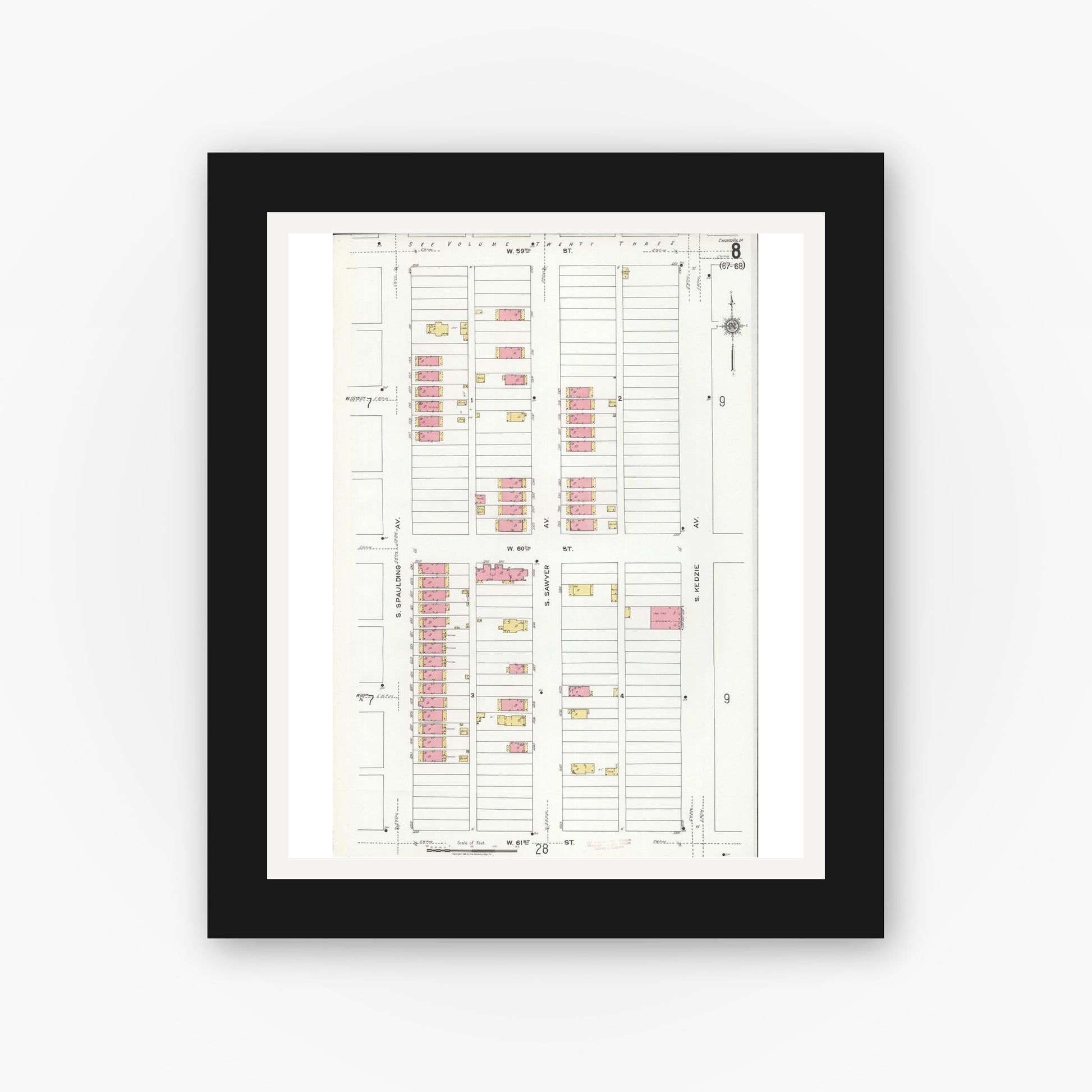 Old map wall art mockup — black gallery frame with white mat — Sanborn Fire Insurance Map from Chicago, Cook County, Illinois (1920), Sheet #0008