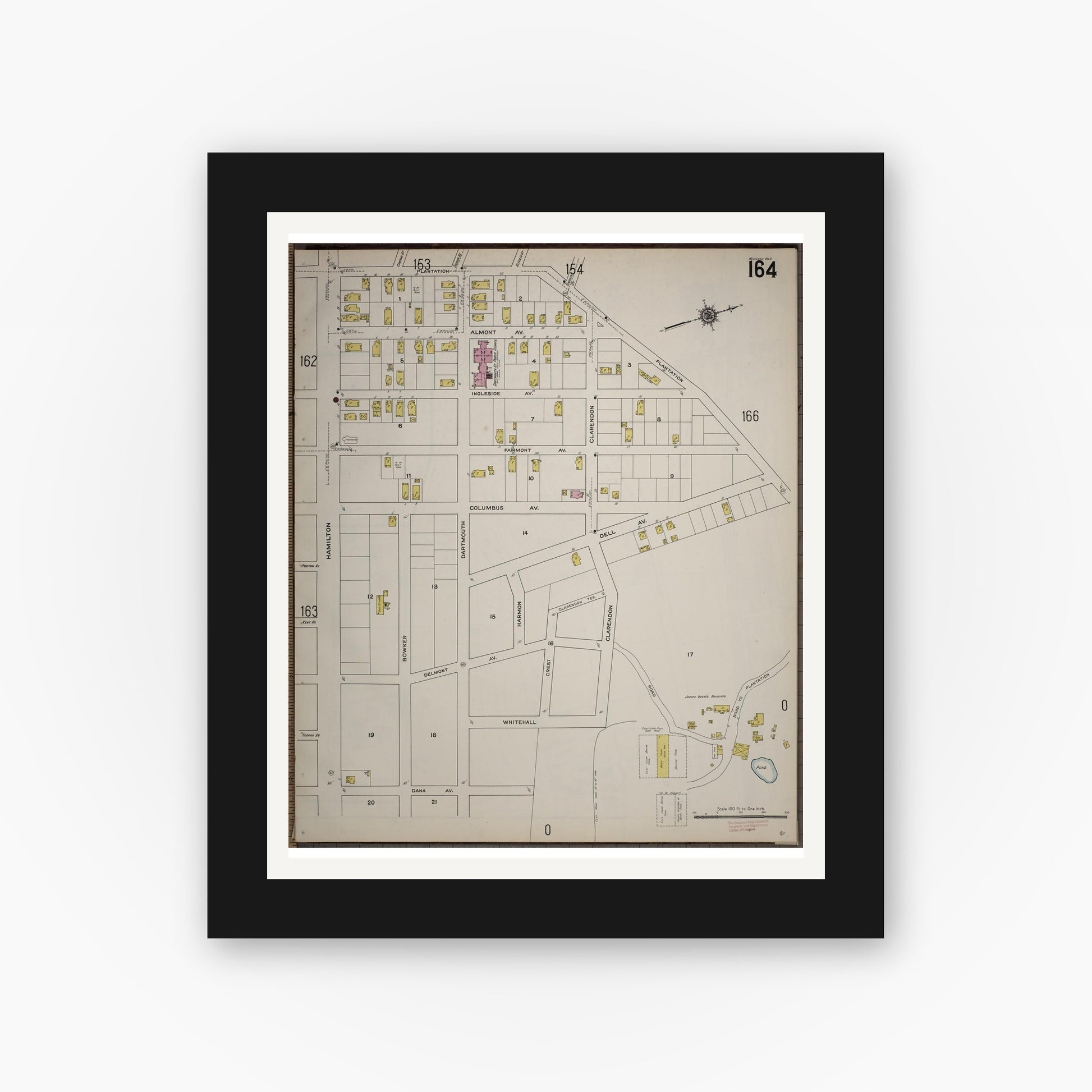 Old map wall art mockup — black gallery frame with white mat — Sanborn Fire Insurance Map from Worcester, Worcester County, Massachusetts (1910), Sheet #0164