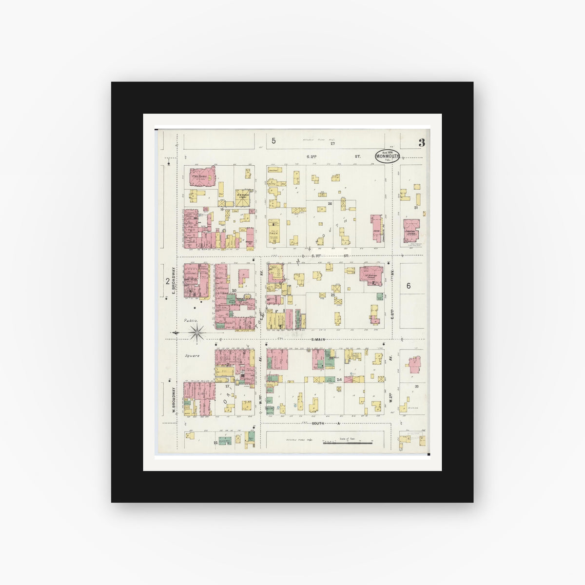 Old map wall art mockup — black gallery frame with white mat — Sanborn Fire Insurance Map from Monmouth, Warren County, Illinois (1898), Sheet #0003