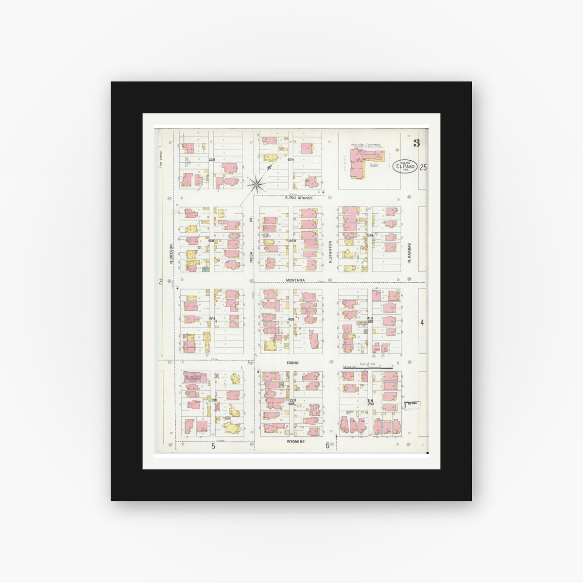 Old map wall art mockup — black gallery frame with white mat — Sanborn Fire Insurance Map from El Paso, El Paso County, Texas (1902), Sheet #0003