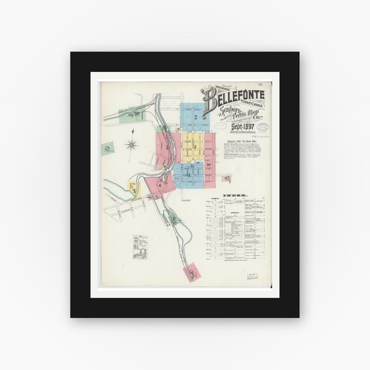 Old map wall art mockup — black gallery frame with white mat — Sanborn Fire Insurance Map from Bellefonte, Centre County, Pennsylvania (1897) - Complete Map Set