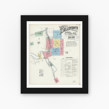 Old map wall art mockup — black gallery frame with white mat — Sanborn Fire Insurance Map from Bellefonte, Centre County, Pennsylvania (1897) - Complete Map Set