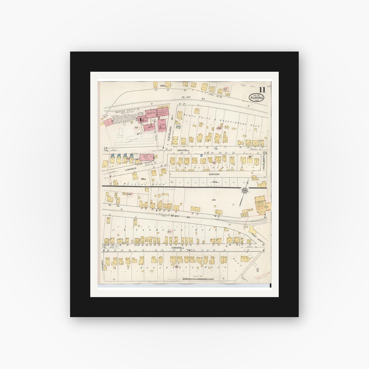 Old map wall art mockup — black gallery frame with white mat — Sanborn Fire Insurance Map from Aurora, Dearborn County, Indiana (1935), Sheet #0011