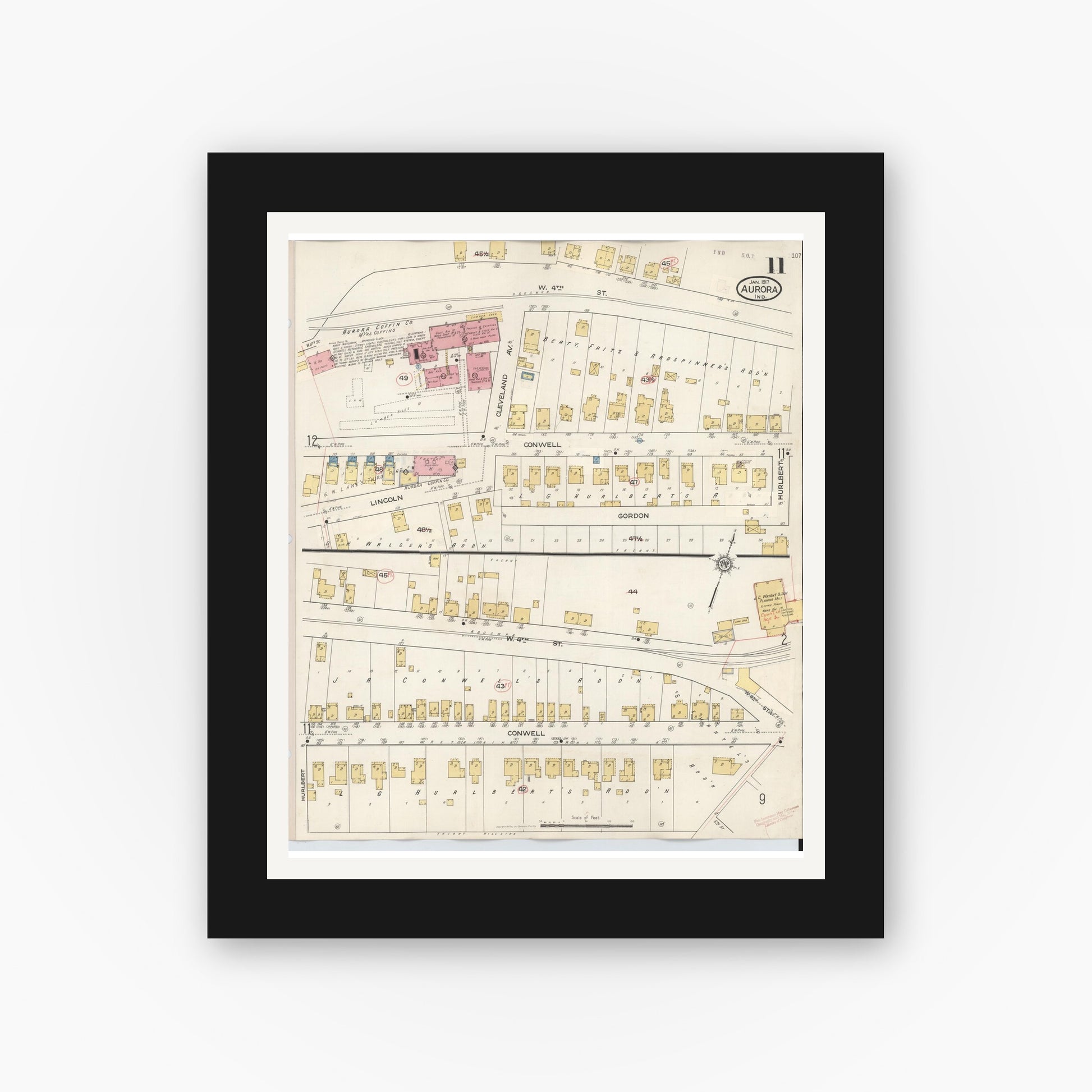 Old map wall art mockup — black gallery frame with white mat — Sanborn Fire Insurance Map from Aurora, Dearborn County, Indiana (1935), Sheet #0011