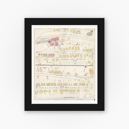 Old map wall art mockup — black gallery frame with white mat — Sanborn Fire Insurance Map from Aurora, Dearborn County, Indiana (1935), Sheet #0011