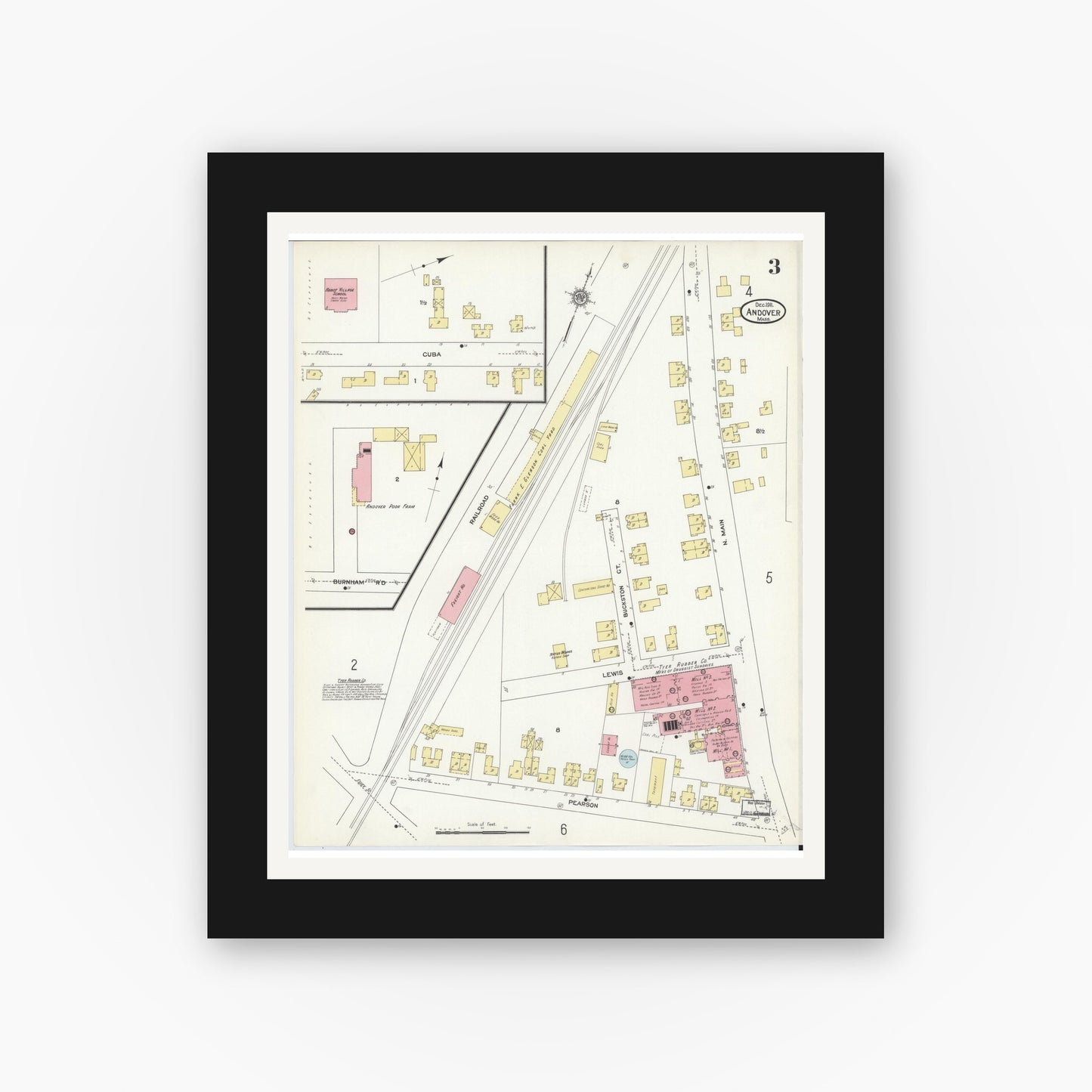 Old map wall art mockup — black gallery frame with white mat — Sanborn Fire Insurance Map from Andover, Essex County, Massachusetts (1911), Sheet #0003