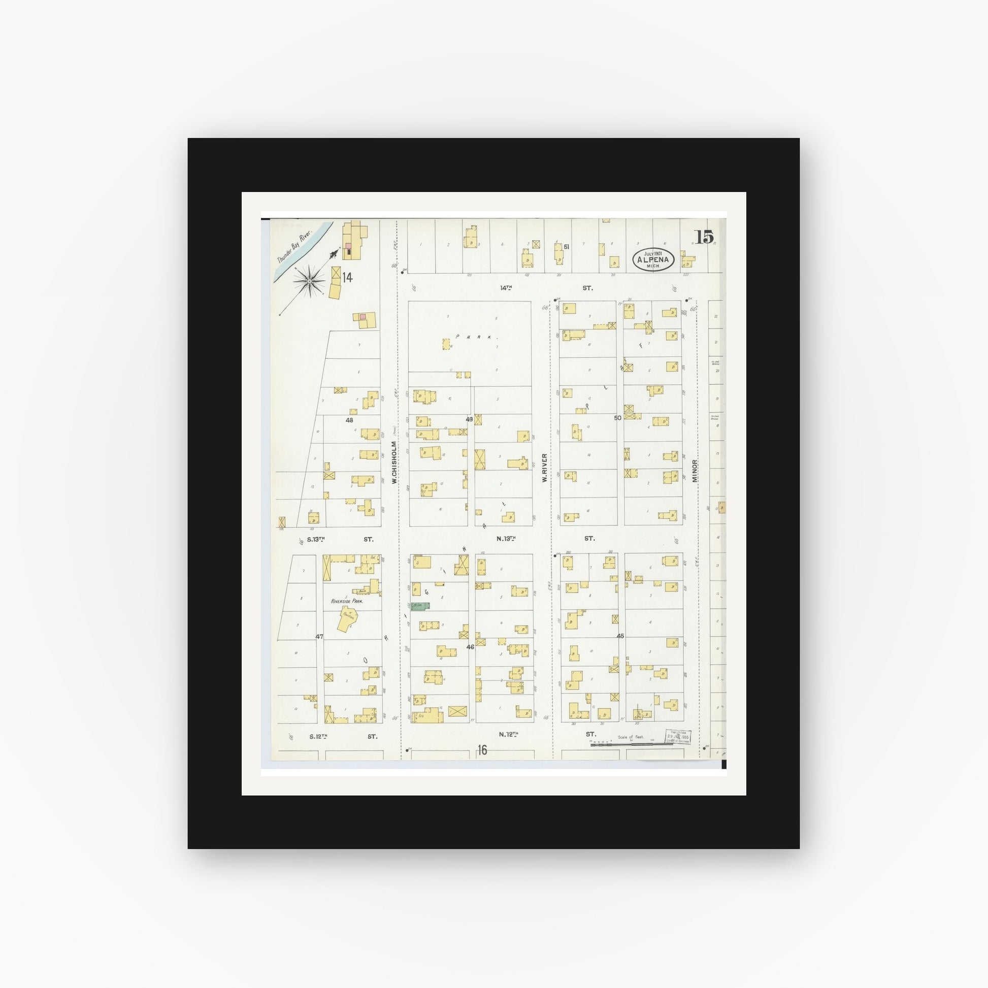 Old map wall art mockup — black gallery frame with white mat — Sanborn Fire Insurance Map from Alpena, Alpena County, Michigan (1901), Sheet #0015