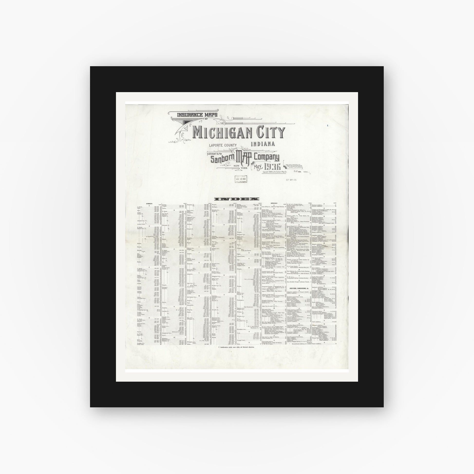Old map wall art mockup — black gallery frame with white mat — Sanborn Fire Insurance Map from Michigan City, La Porte County, Indiana (1936), Sheet #0001