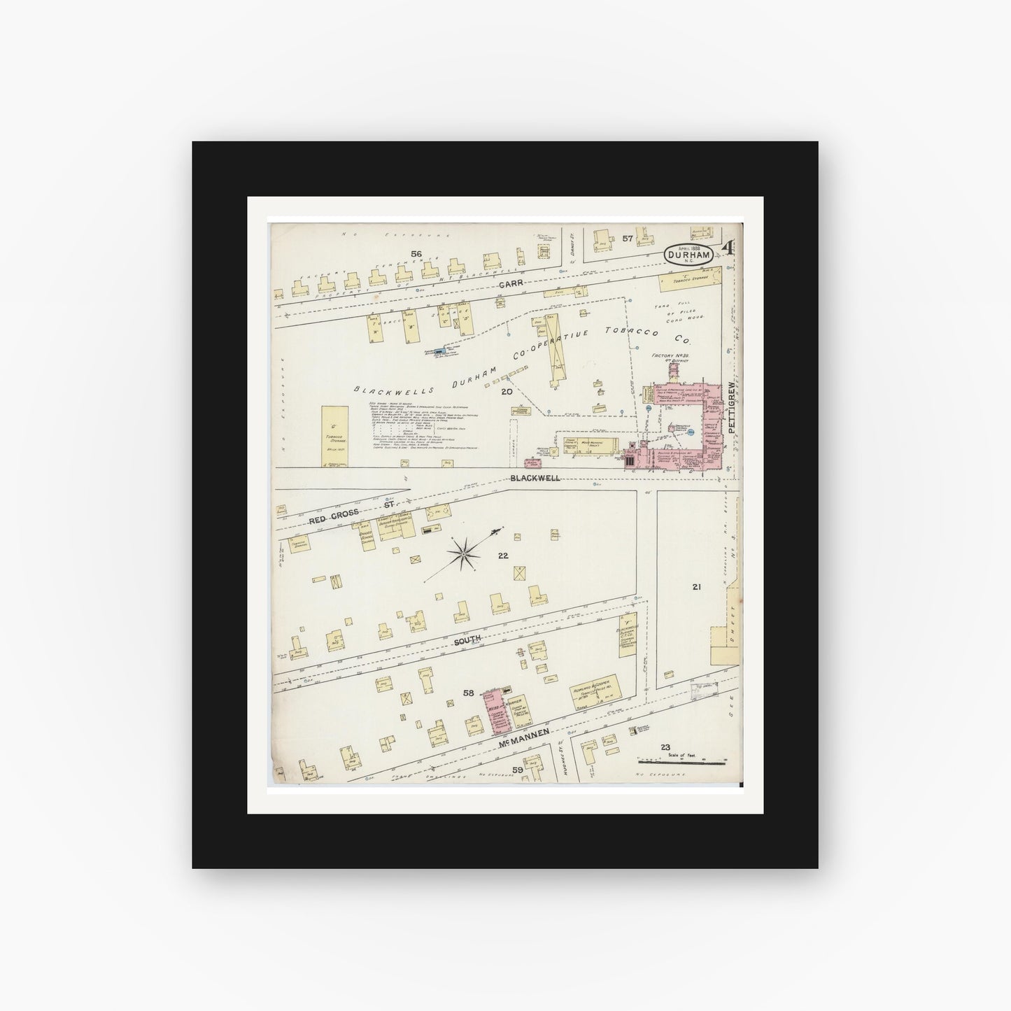 Old map wall art mockup — black gallery frame with white mat — Sanborn Fire Insurance Map from Durham, Durham County, North Carolina (1888), Sheet #0004