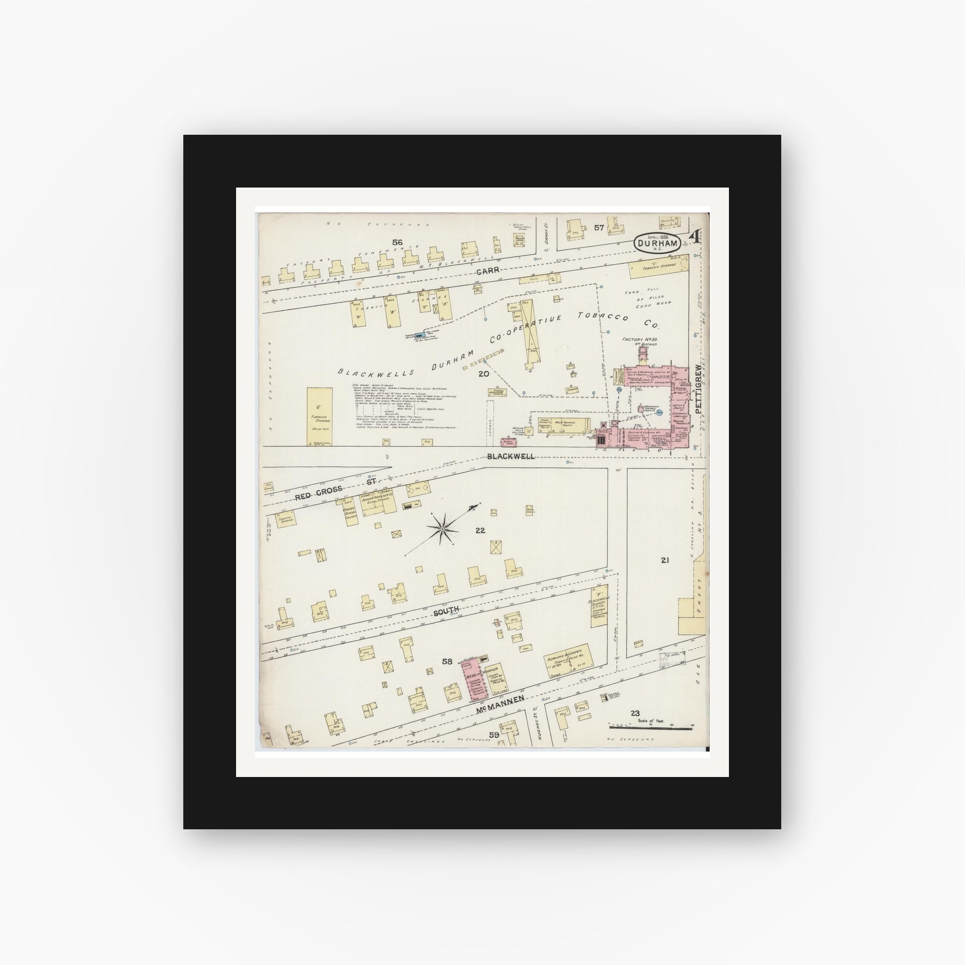 Old map wall art mockup — black gallery frame with white mat — Sanborn Fire Insurance Map from Durham, Durham County, North Carolina (1888), Sheet #0004