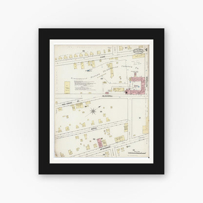Old map wall art mockup — black gallery frame with white mat — Sanborn Fire Insurance Map from Durham, Durham County, North Carolina (1888), Sheet #0004