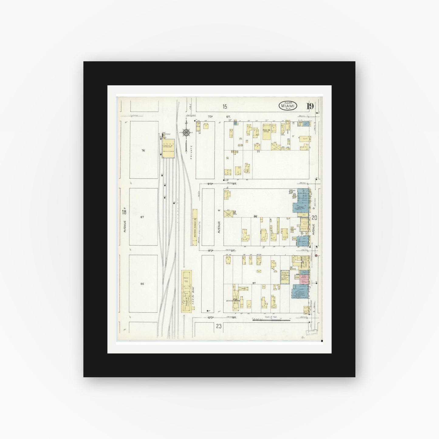 Old map wall art mockup — black gallery frame with white mat — Sanborn Fire Insurance Map from Miami, Dade County, Florida (1914), Sheet #0019