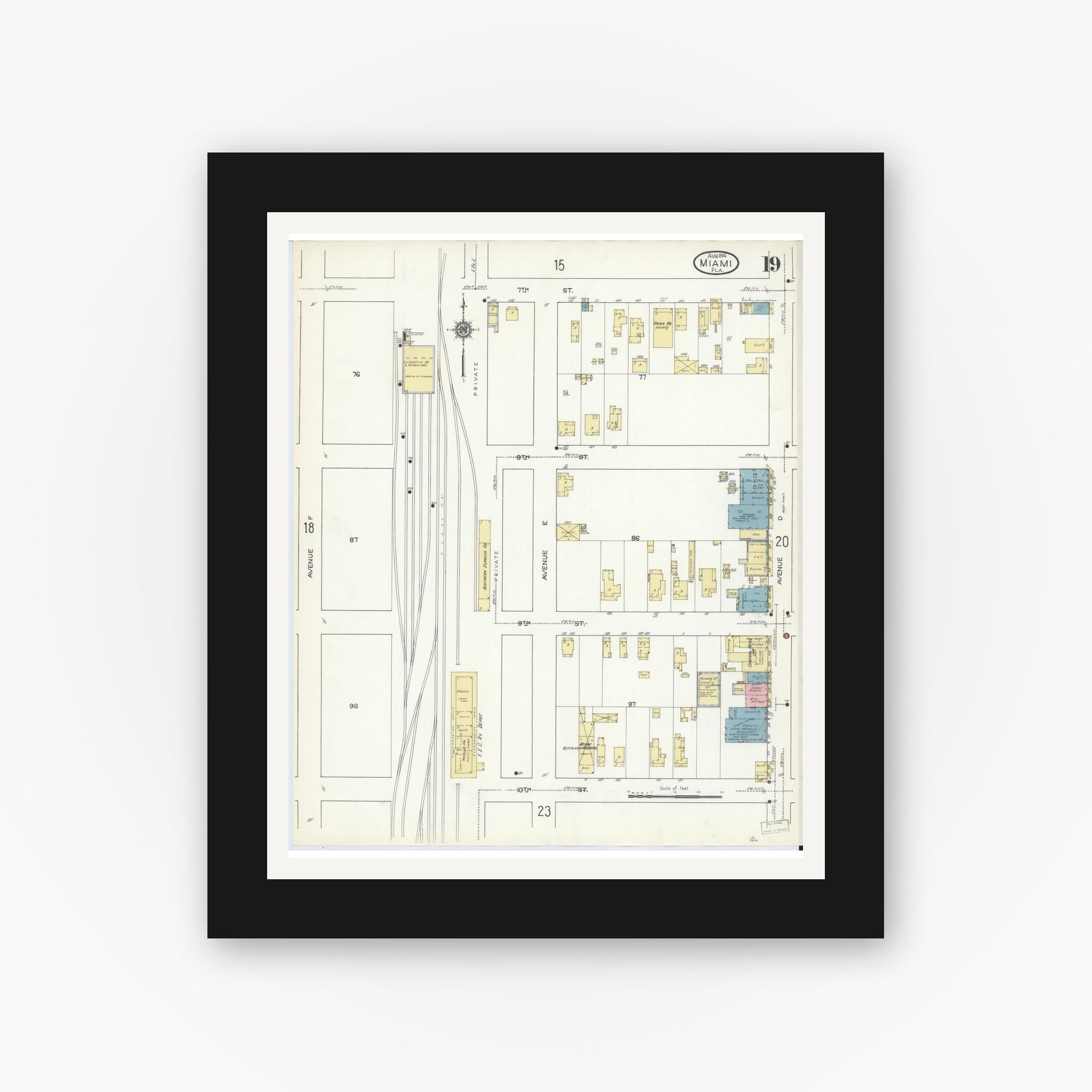 Old map wall art mockup — black gallery frame with white mat — Sanborn Fire Insurance Map from Miami, Dade County, Florida (1914), Sheet #0019