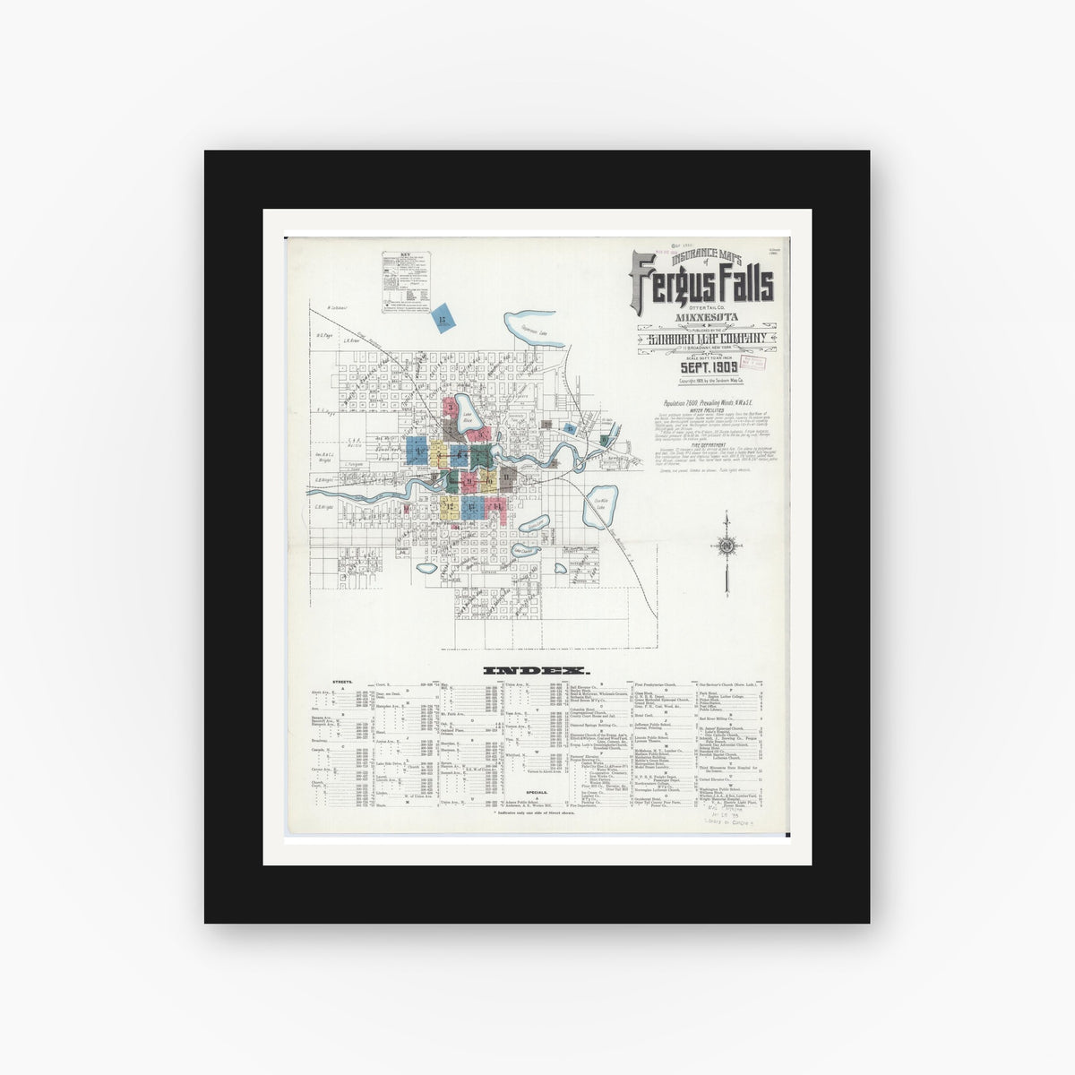 Old map wall art mockup — black gallery frame with white mat — Sanborn Fire Insurance Map from Fergus Falls, Otter Tail County, Minnesota (1909) - Complete Map Set