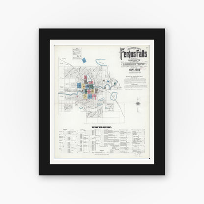Old map wall art mockup — black gallery frame with white mat — Sanborn Fire Insurance Map from Fergus Falls, Otter Tail County, Minnesota (1909) - Complete Map Set