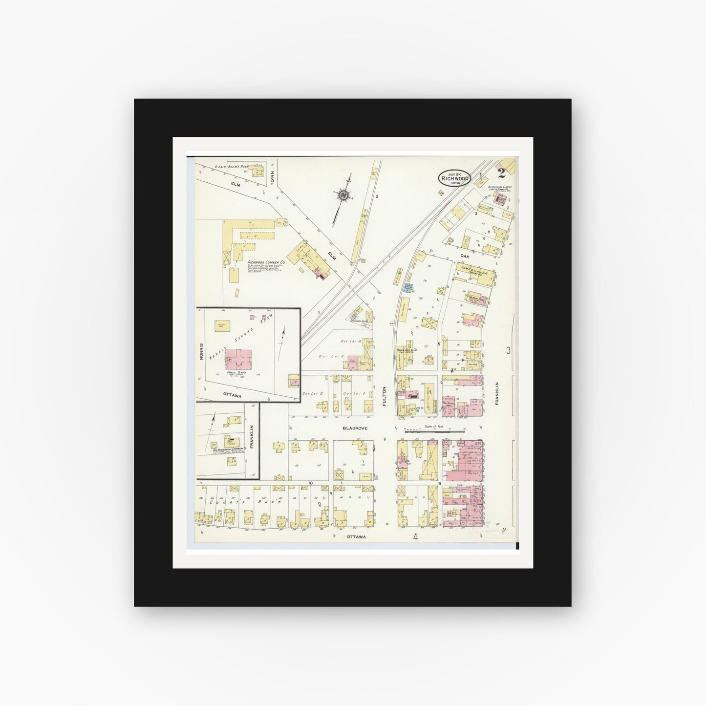 Old map wall art mockup — black gallery frame with white mat — Sanborn Fire Insurance Map from Richwood, Union County, Ohio (1910), Sheet #0002