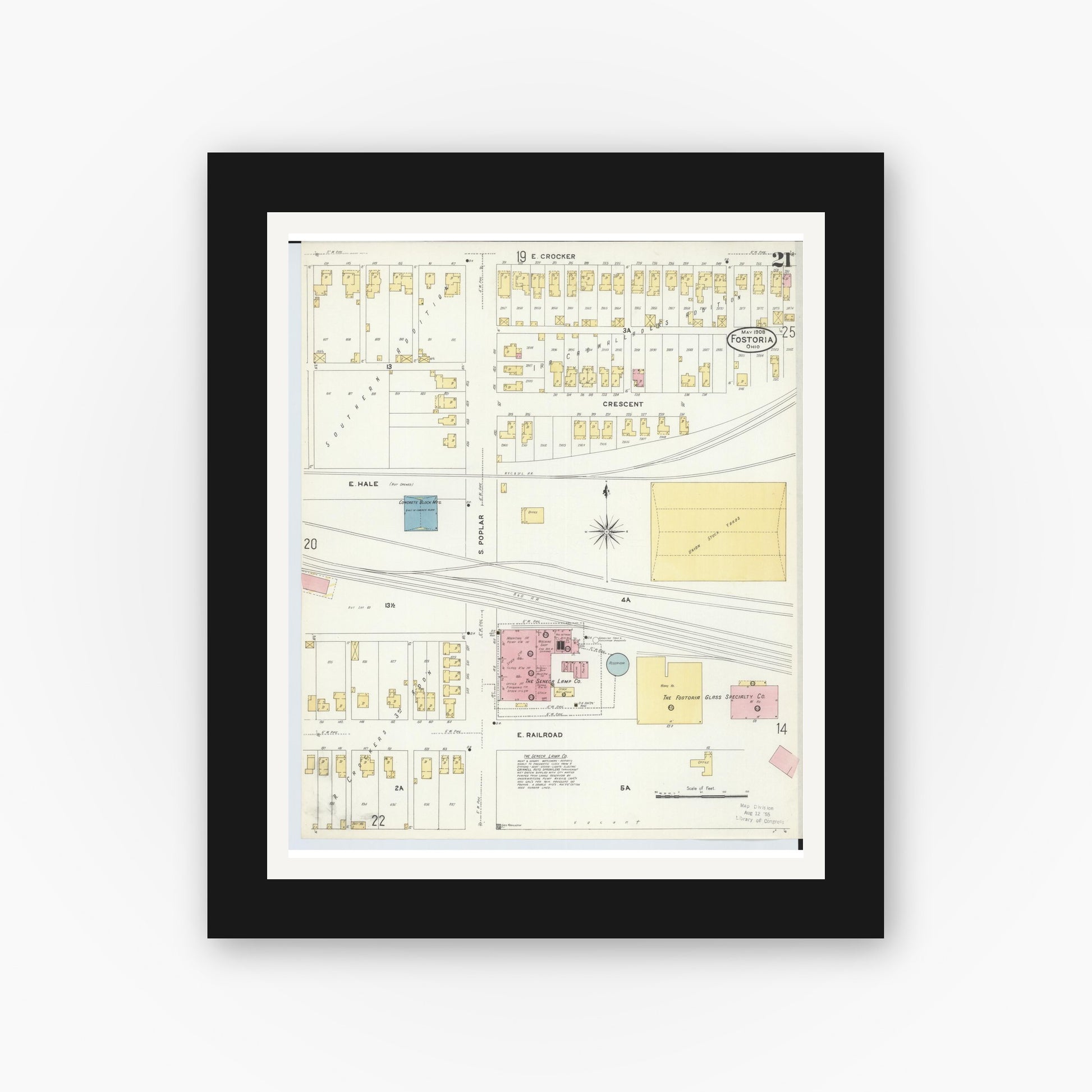 Old map wall art mockup — black gallery frame with white mat — Sanborn Fire Insurance Map from Fostoria, Seneca, Hancock, And Wood Counties, Ohio (1908), Sheet #0021