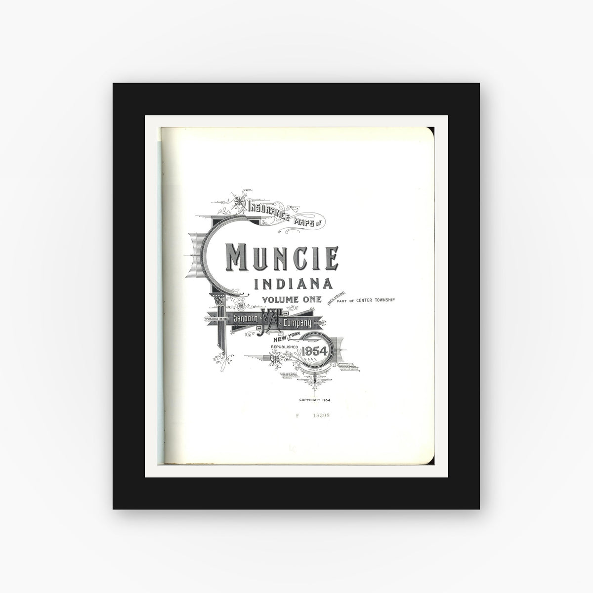Old map wall art mockup — black gallery frame with white mat — Sanborn Fire Insurance Map from Muncie, Delaware County, Indiana (1954), Sheet #0001