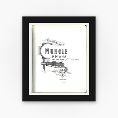 Old map wall art mockup — black gallery frame with white mat — Sanborn Fire Insurance Map from Muncie, Delaware County, Indiana (1954), Sheet #0001