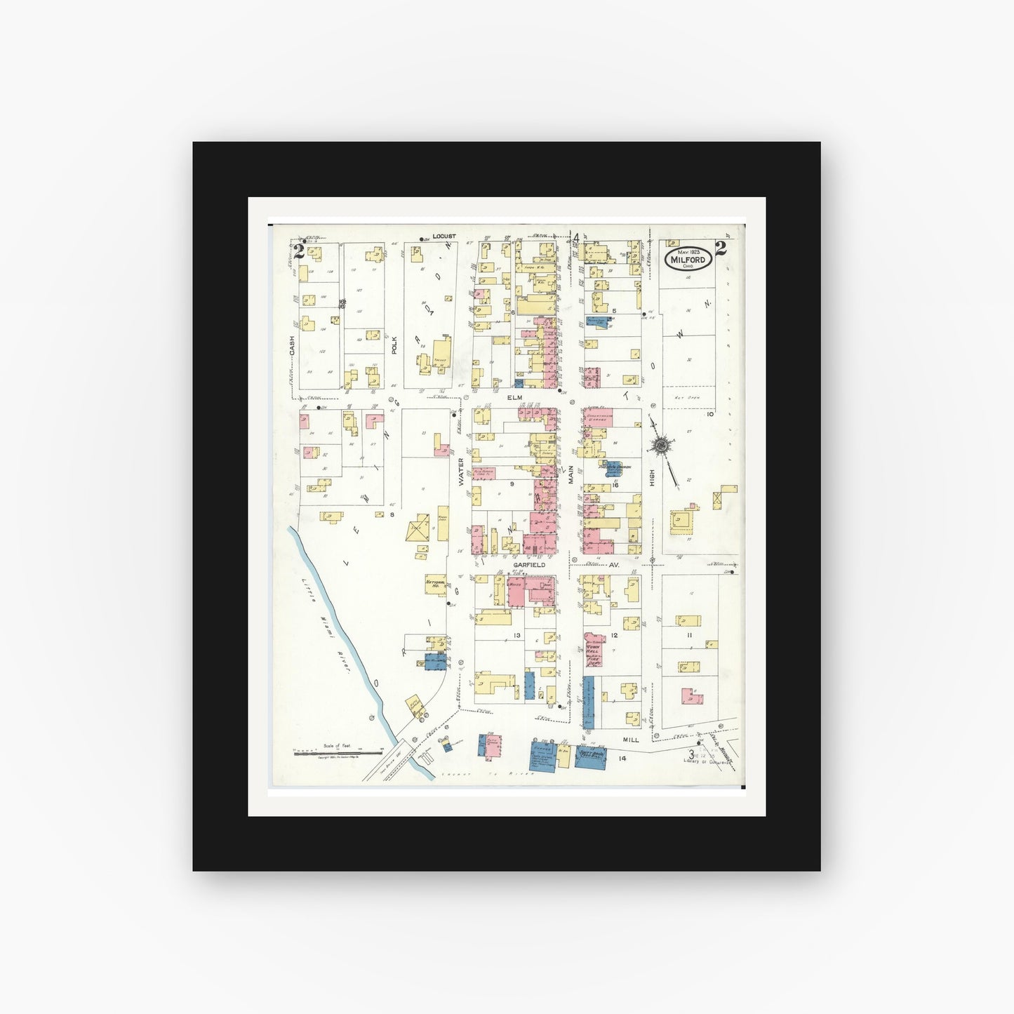 Old map wall art mockup — black gallery frame with white mat — Sanborn Fire Insurance Map from Milford, Clermont And Hamilton County, Ohio (1925), Sheet #0002