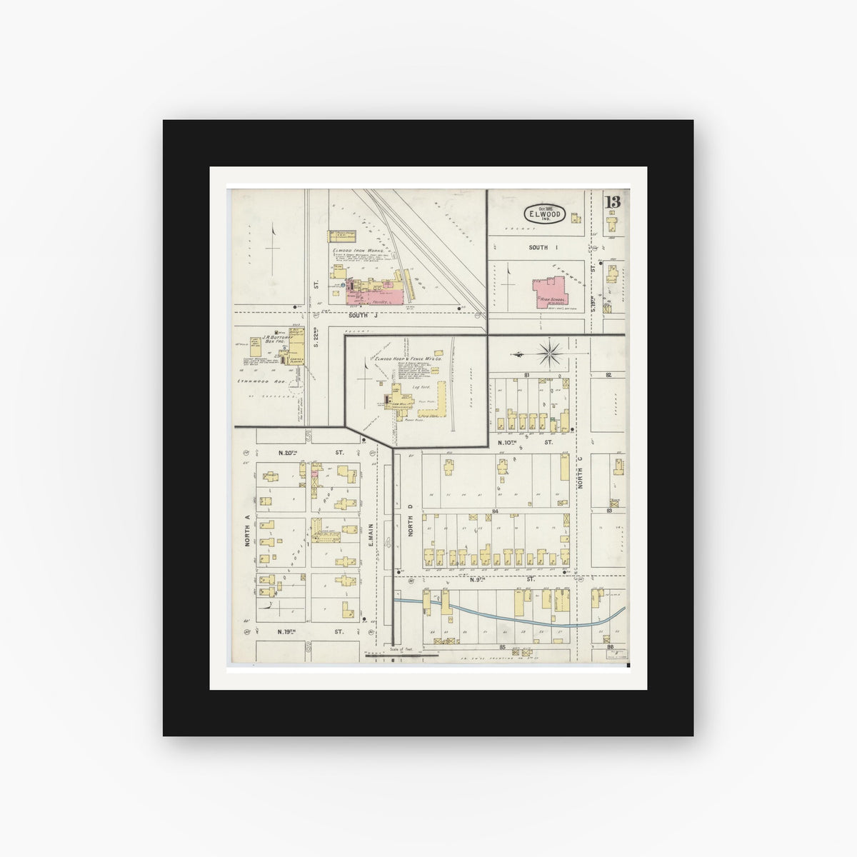 Old map wall art mockup — black gallery frame with white mat — Sanborn Fire Insurance Map from Elwood, Madison County, Indiana (1895), Sheet #0013