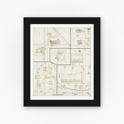 Old map wall art mockup — black gallery frame with white mat — Sanborn Fire Insurance Map from Elwood, Madison County, Indiana (1895), Sheet #0013