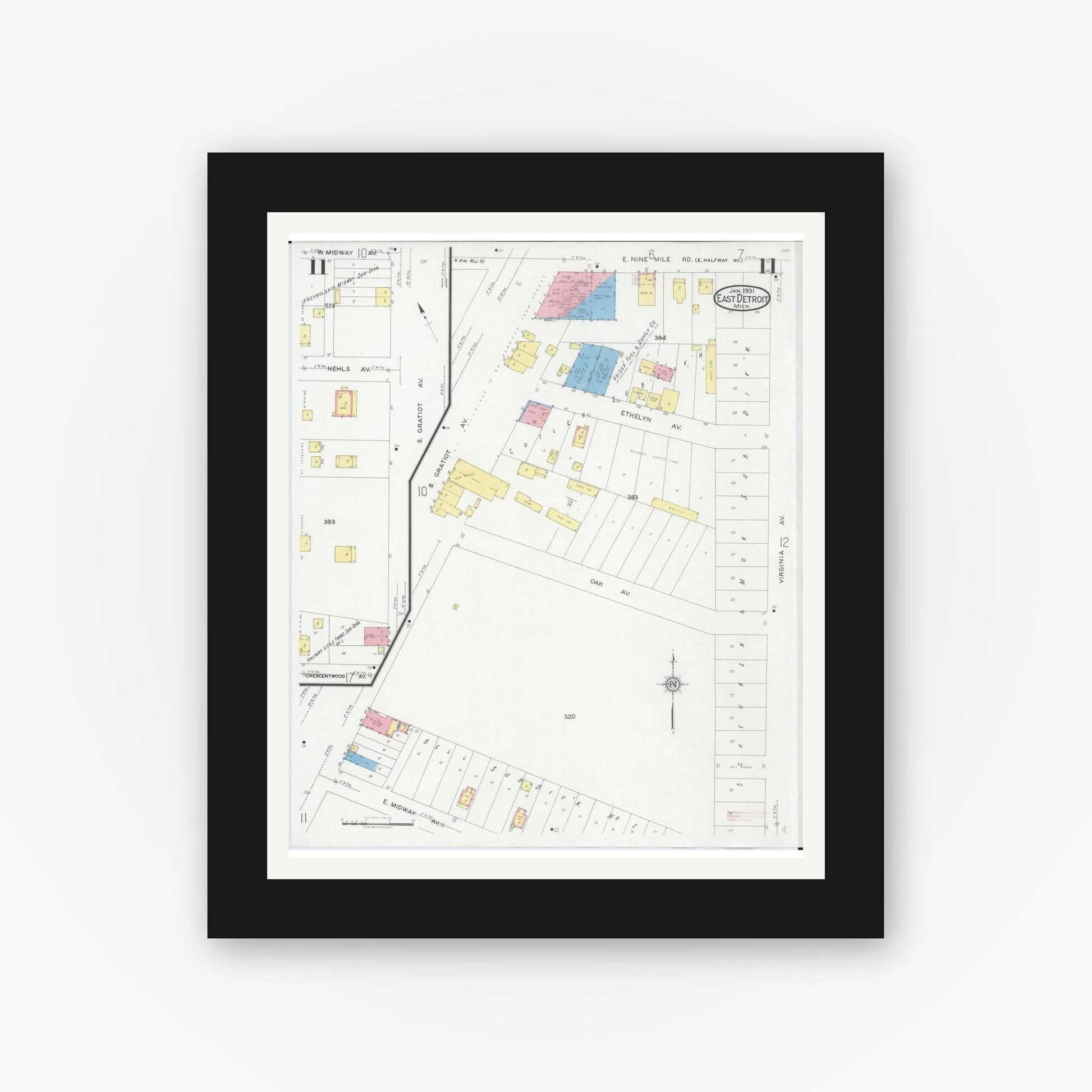 Old map wall art mockup — black gallery frame with white mat — Sanborn Fire Insurance Map from East Detroit, Macomb County, Michigan (1931), Sheet #0011