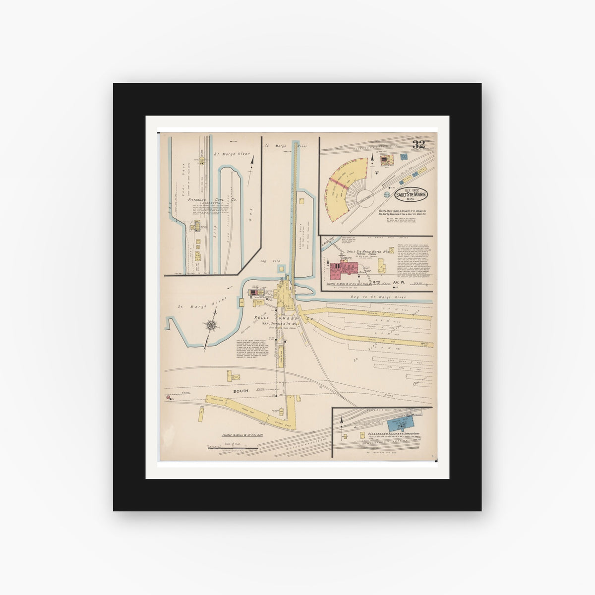 Old map wall art mockup — black gallery frame with white mat — Sanborn Fire Insurance Map from Sault Sainte Marie, Chippewa County, Michigan (1922), Sheet #0032