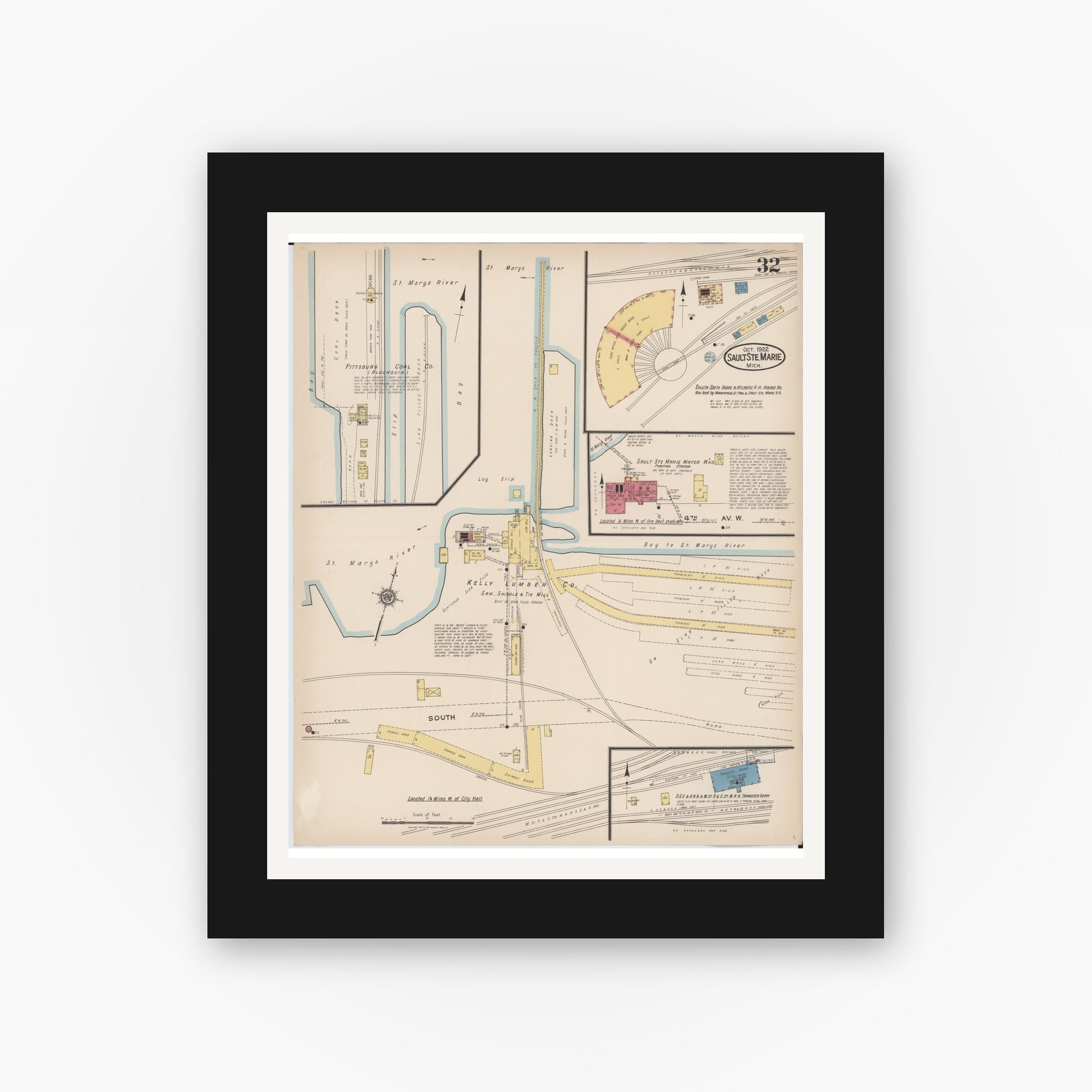 Old map wall art mockup — black gallery frame with white mat — Sanborn Fire Insurance Map from Sault Sainte Marie, Chippewa County, Michigan (1922), Sheet #0032