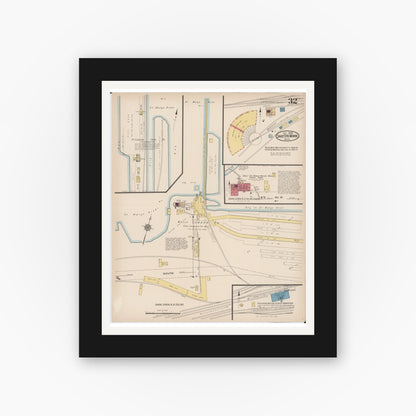 Old map wall art mockup — black gallery frame with white mat — Sanborn Fire Insurance Map from Sault Sainte Marie, Chippewa County, Michigan (1922), Sheet #0032