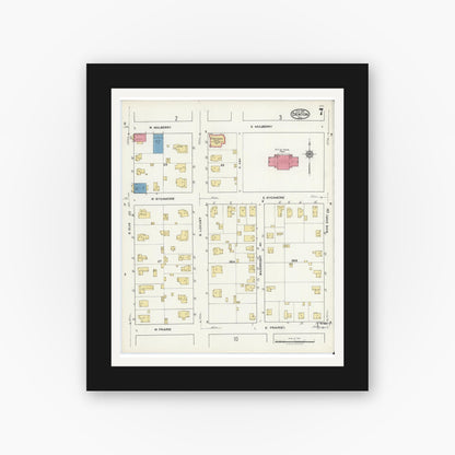 Old map wall art mockup — black gallery frame with white mat — Sanborn Fire Insurance Map from Denton, Denton County, Texas (1921), Sheet #0007