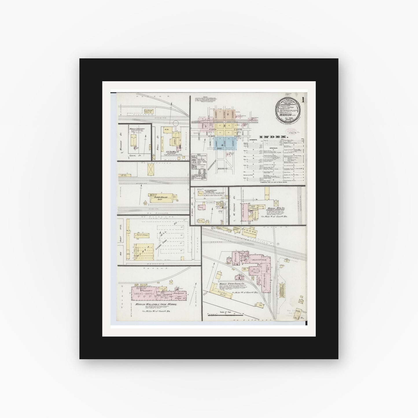 Old map wall art mockup — black gallery frame with white mat — Sanborn Fire Insurance Map from Marion, Marion County, Ohio (1888) - Complete Map Set