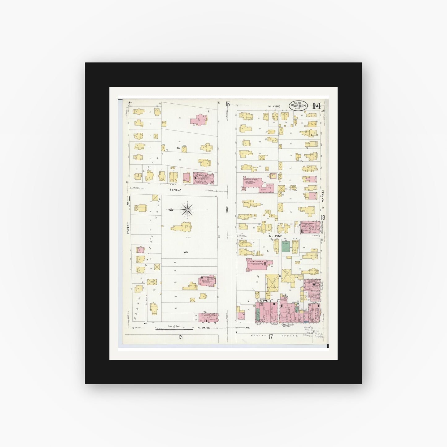 Old map wall art mockup — black gallery frame with white mat — Sanborn Fire Insurance Map from Warren, Trumbull County, Ohio (1908), Sheet #0014