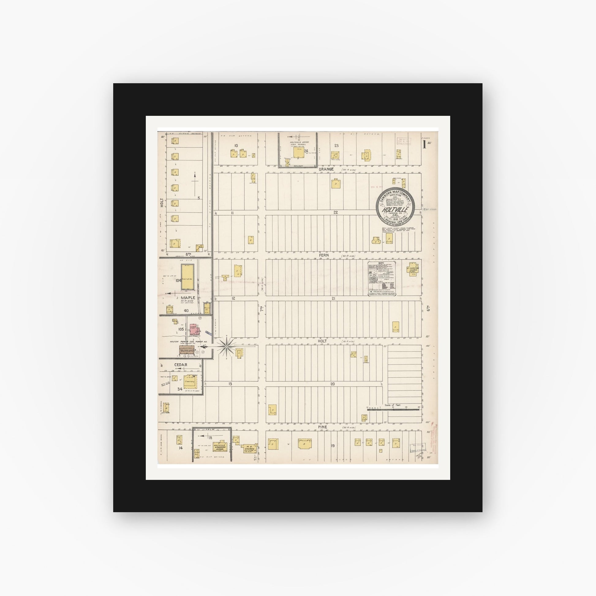 Old map wall art mockup — black gallery frame with white mat — Sanborn Fire Insurance Map from Holtville, Imperial County, California (1910) - Complete Map Set