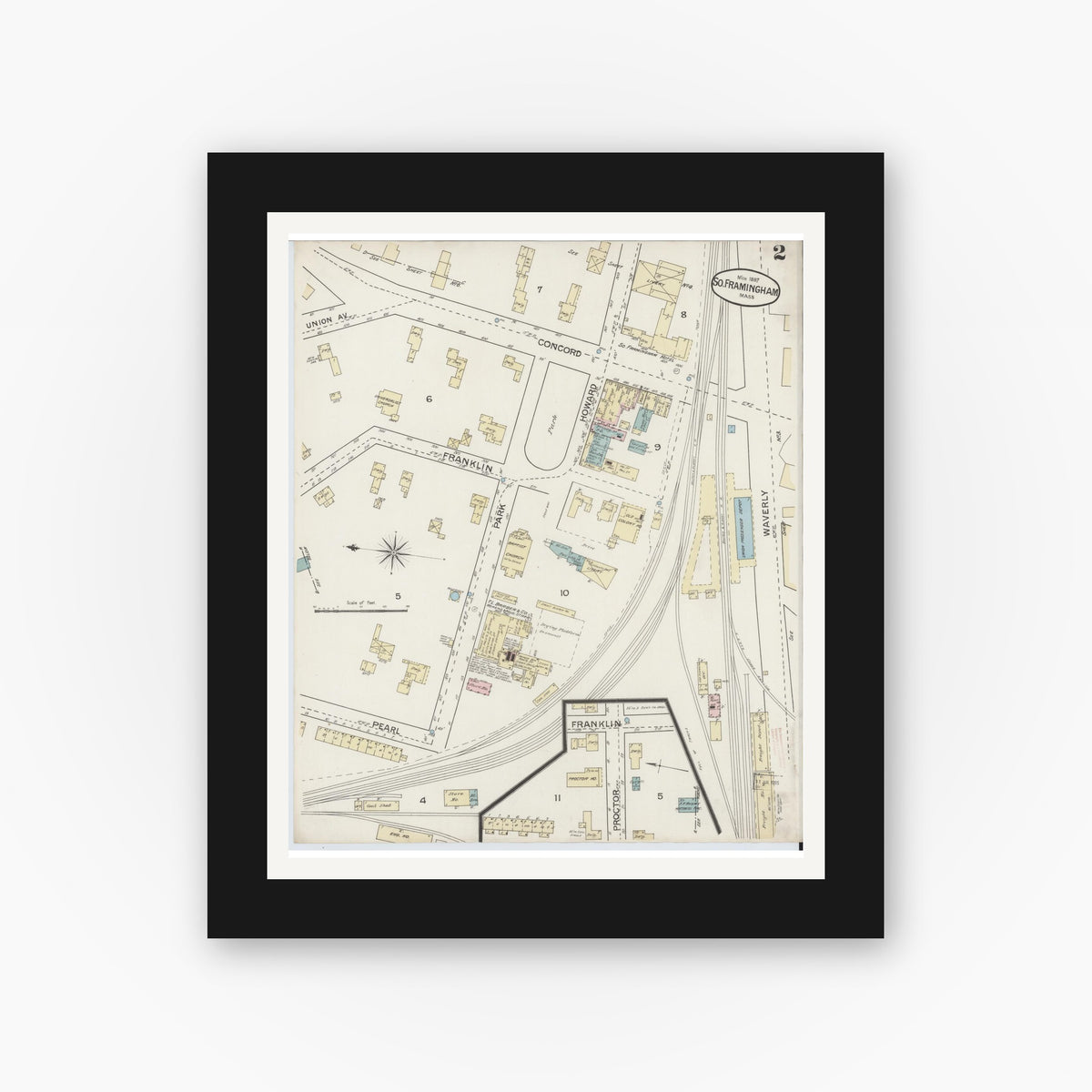Old map wall art mockup — black gallery frame with white mat — Sanborn Fire Insurance Map from South Farmington, Middlesex County, Massachusetts (1887), Sheet #0002