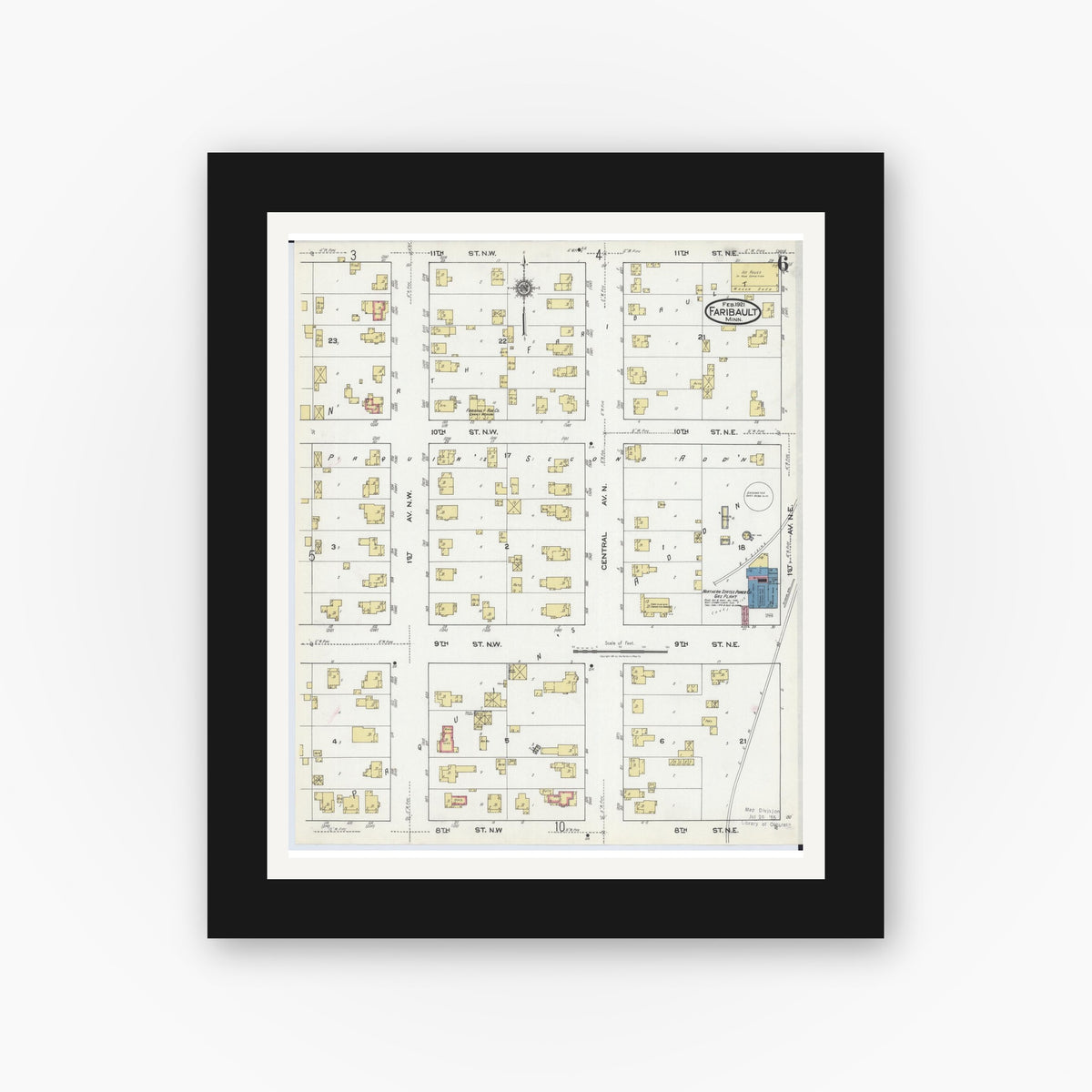 Old map wall art mockup — black gallery frame with white mat — Sanborn Fire Insurance Map from Faribault, Rice County, Minnesota (1921), Sheet #0006