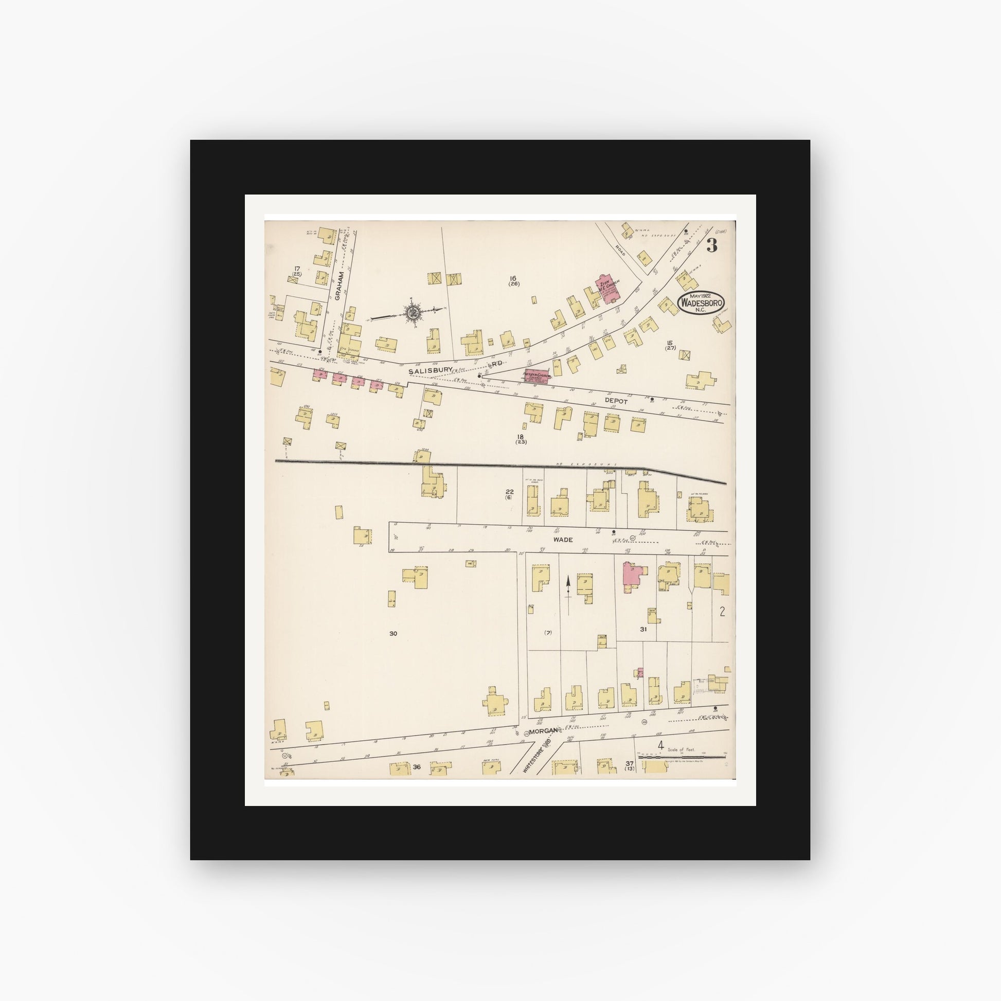 Old map wall art mockup — black gallery frame with white mat — Sanborn Fire Insurance Map from Wadesboro, Anson County, North Carolina (1922), Sheet #0003