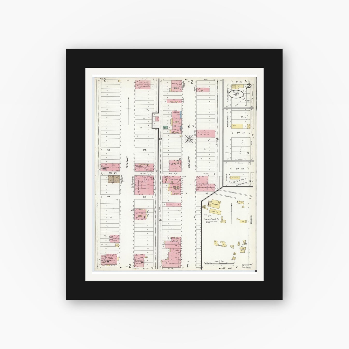 Old map wall art mockup — black gallery frame with white mat — Sanborn Fire Insurance Map from Gary, Lake County, Indiana (1907), Sheet #0002