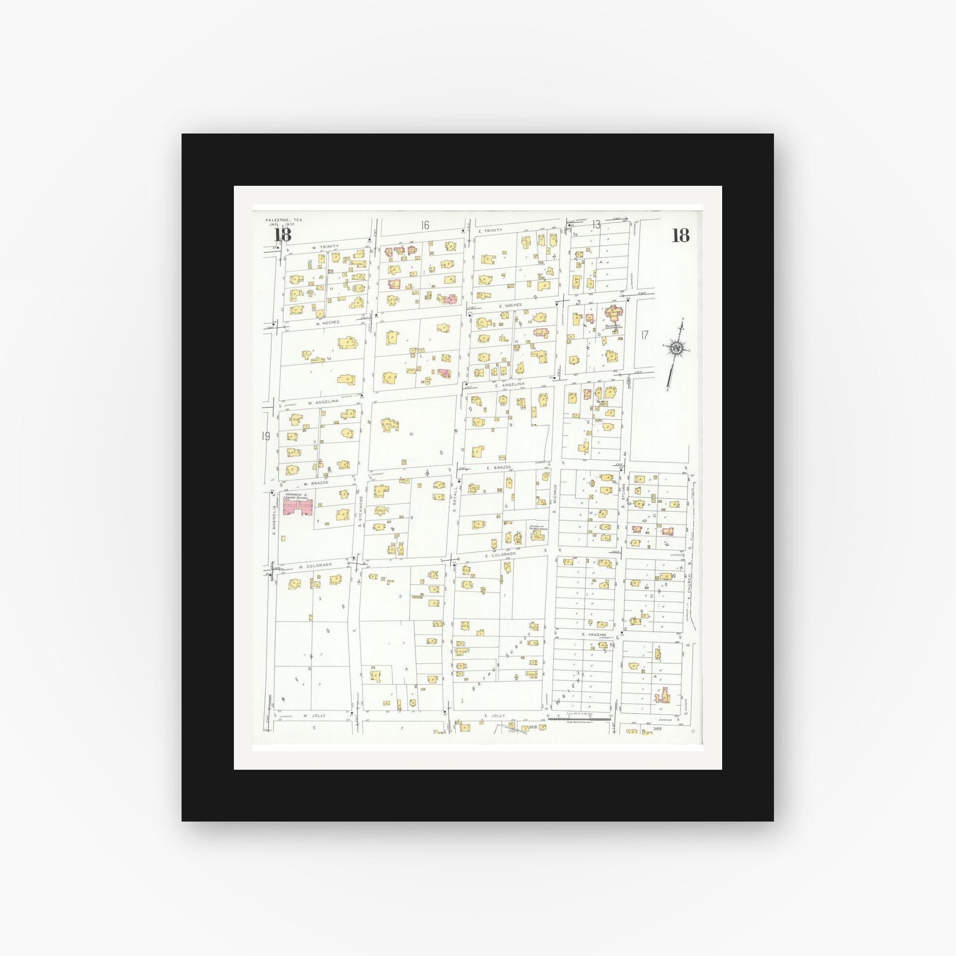 Old map wall art mockup — black gallery frame with white mat — Sanborn Fire Insurance Map from Palestine, Anderson County, Texas (1935), Sheet #0018