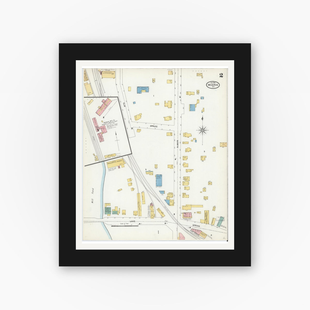 Old map wall art mockup — black gallery frame with white mat — Sanborn Fire Insurance Map from Monroe, Orange County, New York (1904), Sheet #0002