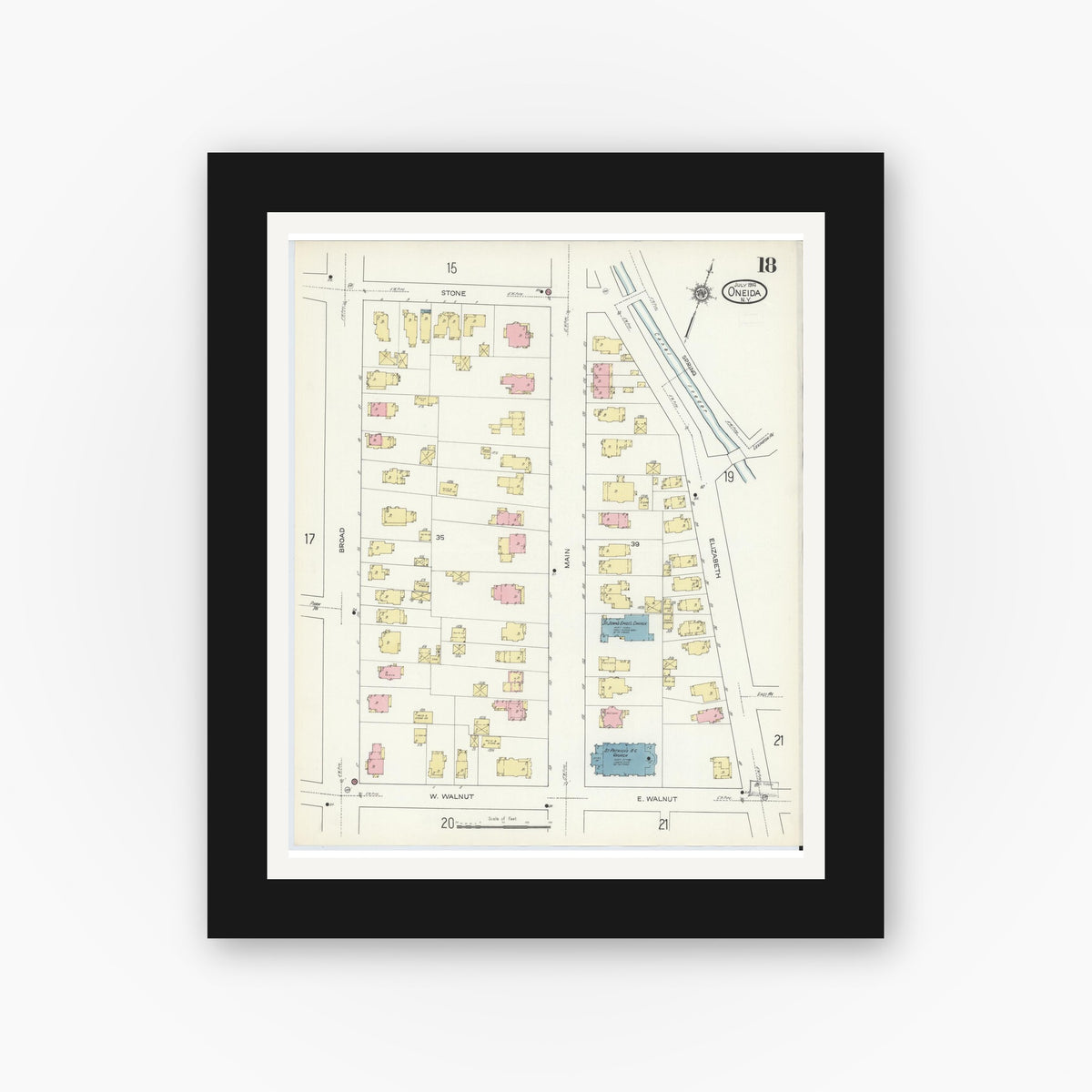 Old map wall art mockup — black gallery frame with white mat — Sanborn Fire Insurance Map from Oneida, Madison County, New York (1914), Sheet #0018