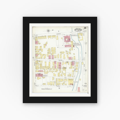 Old map wall art mockup — black gallery frame with white mat — Sanborn Fire Insurance Map from North Adams, Berkshire County, Massachusetts (1908), Sheet #0013