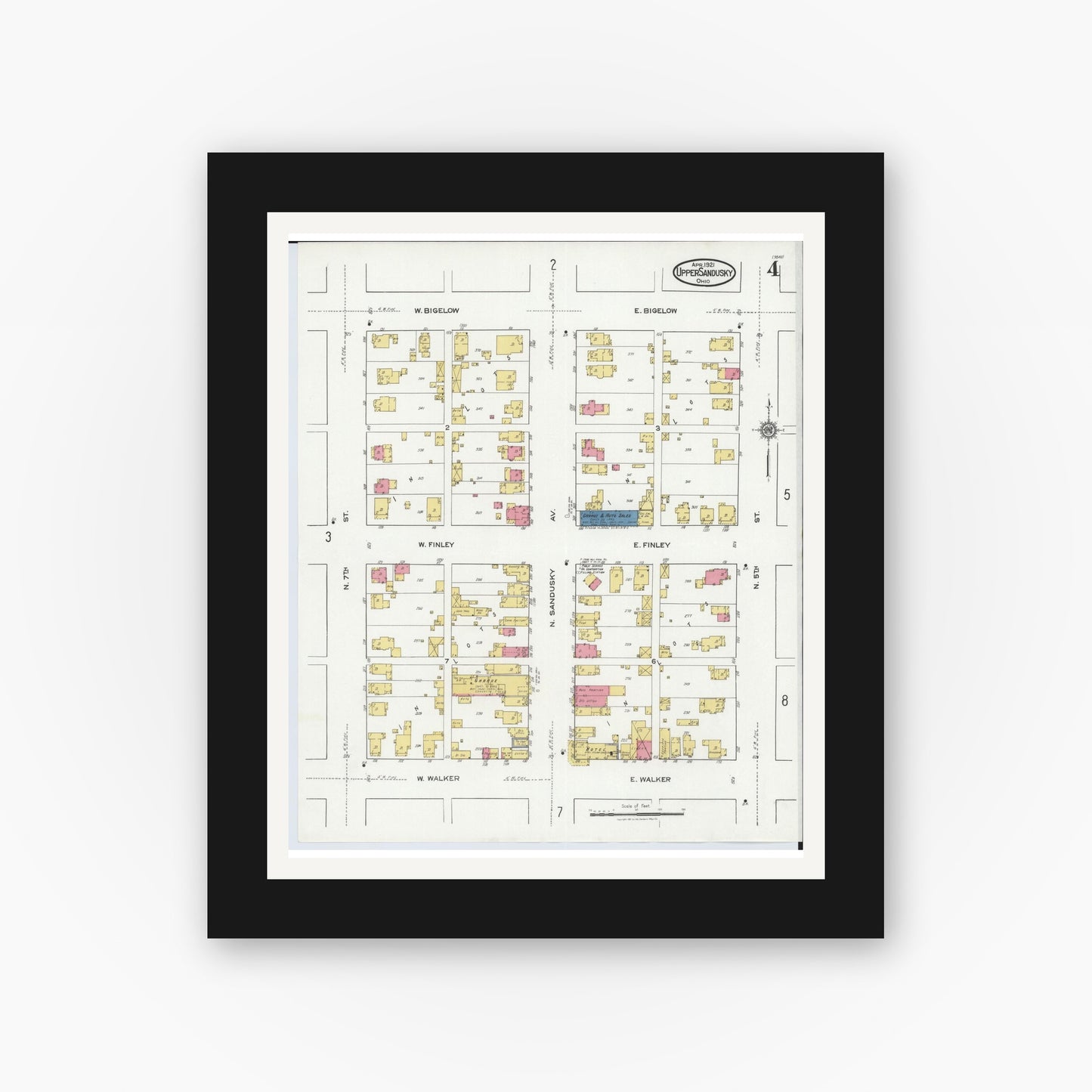 Old map wall art mockup — black gallery frame with white mat — Sanborn Fire Insurance Map from Upper Sandusky, Wyandot County, Ohio (1921), Sheet #0004