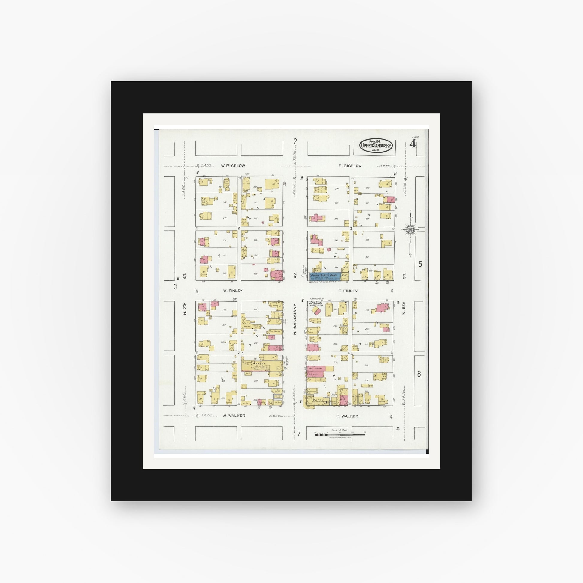 Old map wall art mockup — black gallery frame with white mat — Sanborn Fire Insurance Map from Upper Sandusky, Wyandot County, Ohio (1921), Sheet #0004